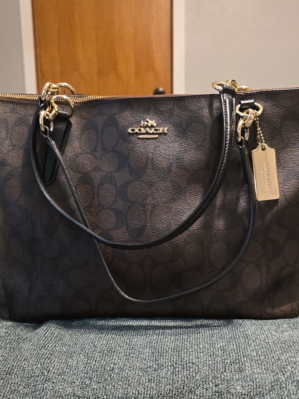 Coach Black Signature Tote with Gold Accents
